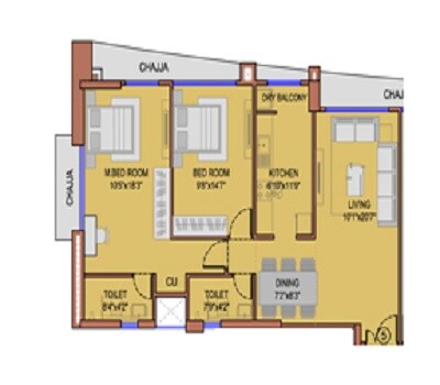 Floor plan of 2 BHK 817 Sq. Ft. Apartment in Rubberwala Fuego, Mumbai