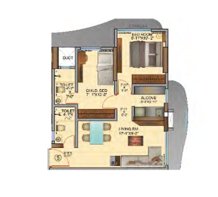 Floor plan of 2 BHK 573 Sq. Ft. Apartment in Rubberwala Nebula, Mumbai