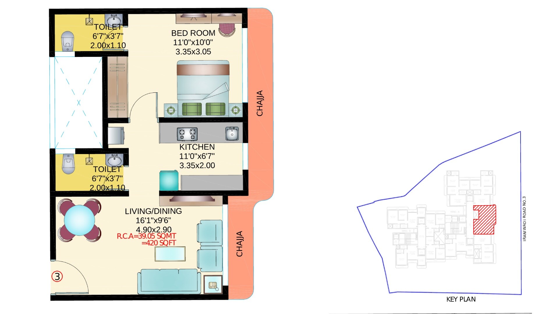 Floor plan of 1 BHK 420 Sq. Ft. Apartment in Rudra Sai Elegance, Mumbai
