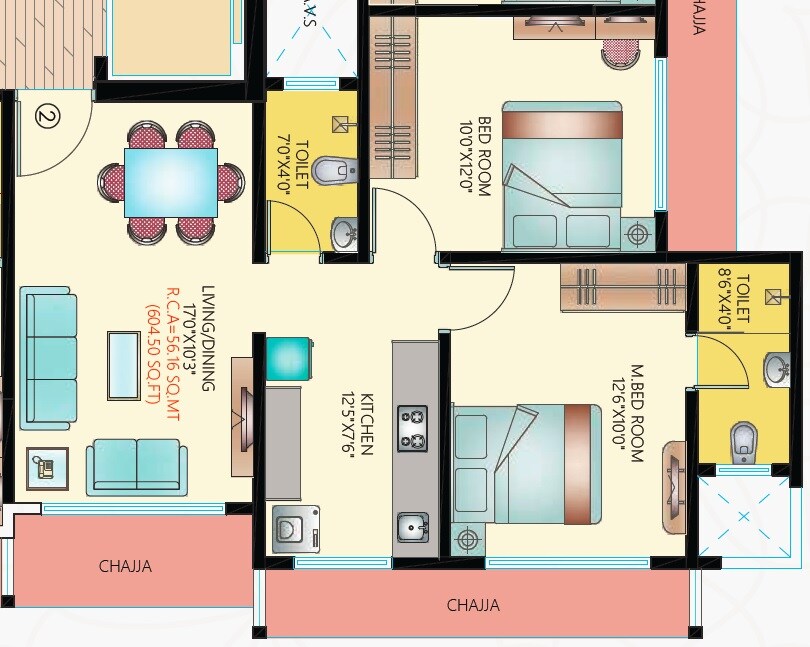 Floor plan of 2 BHK 519 Sq. Ft. Apartment in Rudra Sai Elegance, Mumbai