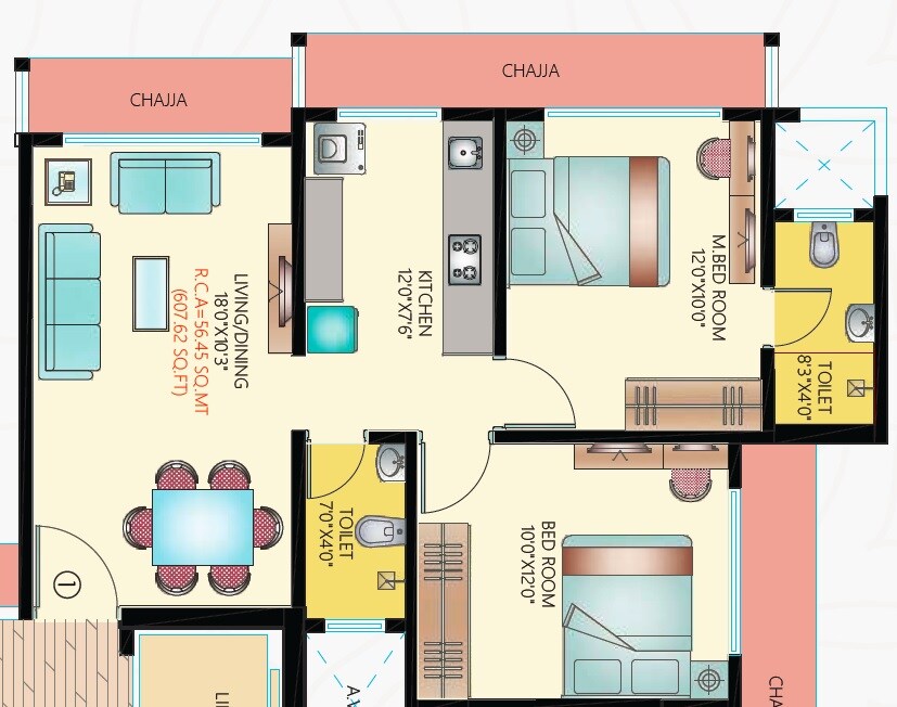 Floor plan of 2 BHK 607 Sq. Ft. Apartment in Rudra Sai Elegance, Mumbai