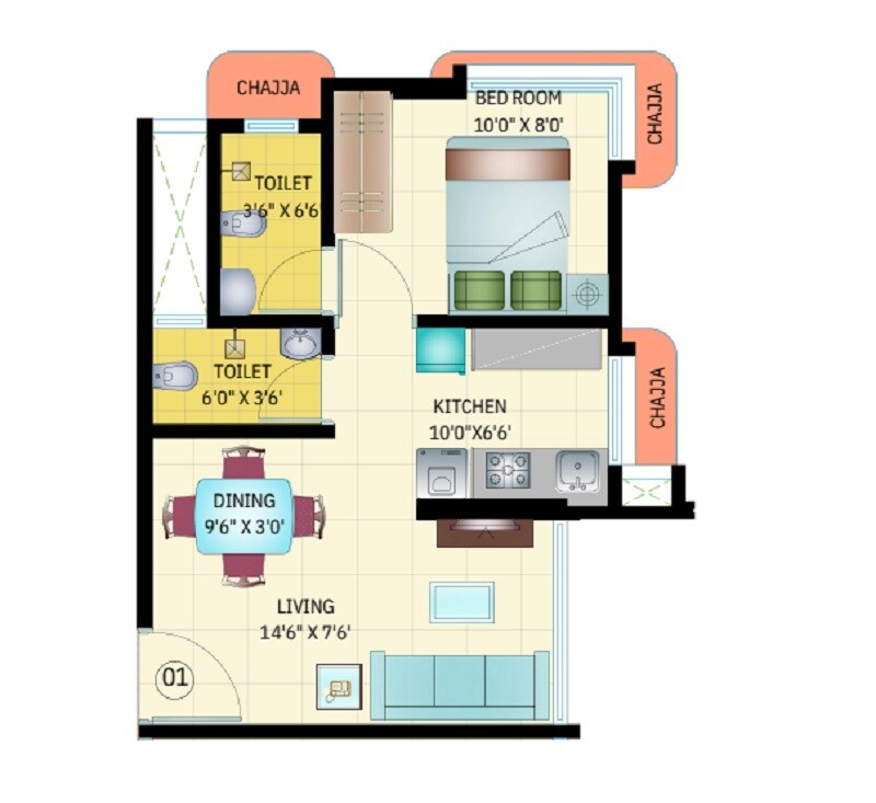 Floor plan of 1 BHK 333 Sq. Ft. Apartment in Rudua Mannat, Mumbai