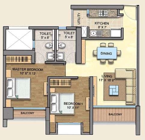 2 BHK 1165 Sq. Ft. Apartment in Runwal Maple