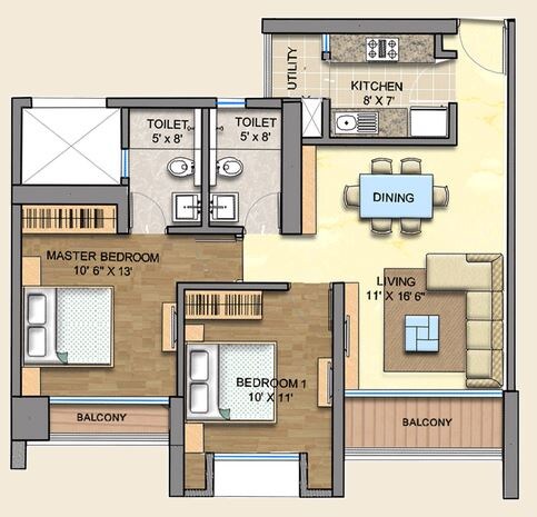 Floor plan of 2 BHK 1165 Sq. Ft. Apartment in Runwal Maple, Mumbai