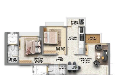 Floor plan of 2 BHK 661 Sq. Ft. Apartment in Runwal Avenue, Mumbai