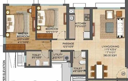 2 BHK 810 Sq. Ft. Apartment