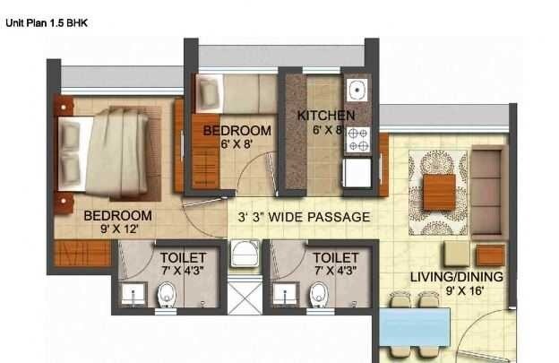 Floor plan of 1 BHK 725 Sq. Ft. Apartment in Runwal Corbett, Mumbai