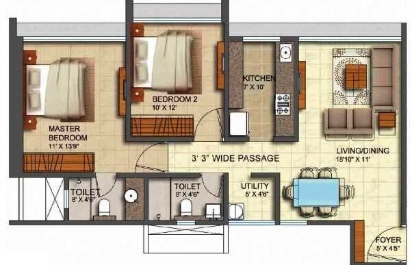 Floor plan of 2 BHK 1025 Sq. Ft. Apartment in Runwal Corbett, Mumbai