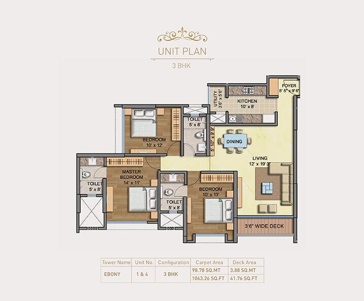 Floor plan of 3 BHK 1051 Sq. Ft. Apartment in Runwal Ebony, Mumbai