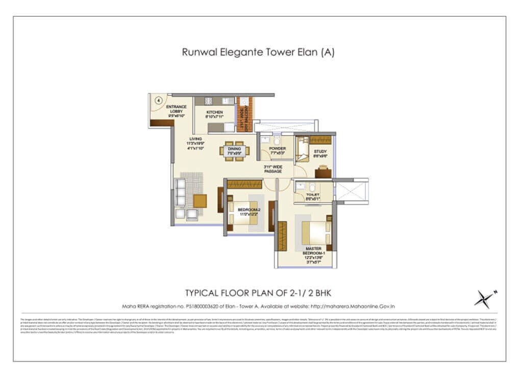 Floor plan of 2 BHK 975 Sq. Ft. Apartment in Runwal Elegante, Mumbai