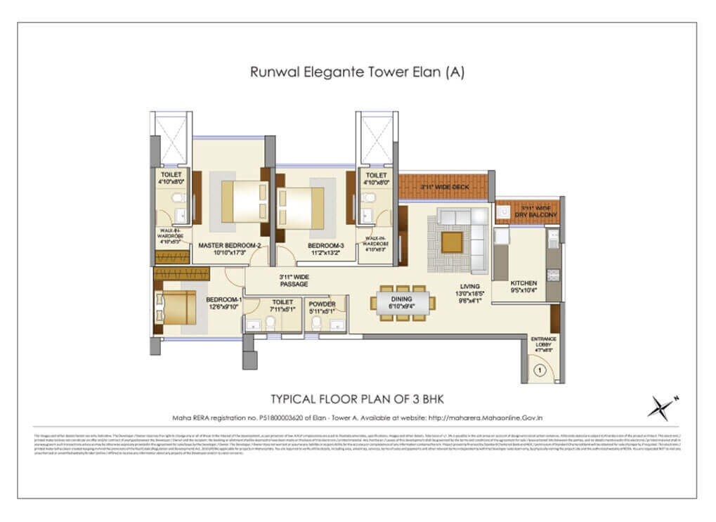 Floor plan of 3 BHK 1350 Sq. Ft. Apartment in Runwal Elegante, Mumbai