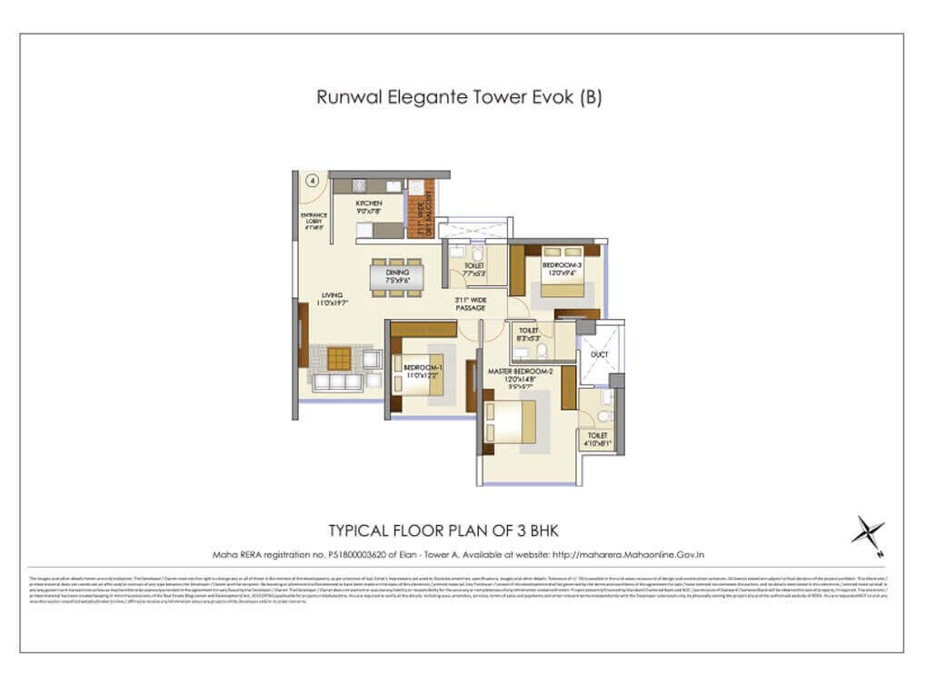Floor plan of 3 BHK 1065 Sq. Ft. Apartment in Runwal Elegante, Mumbai