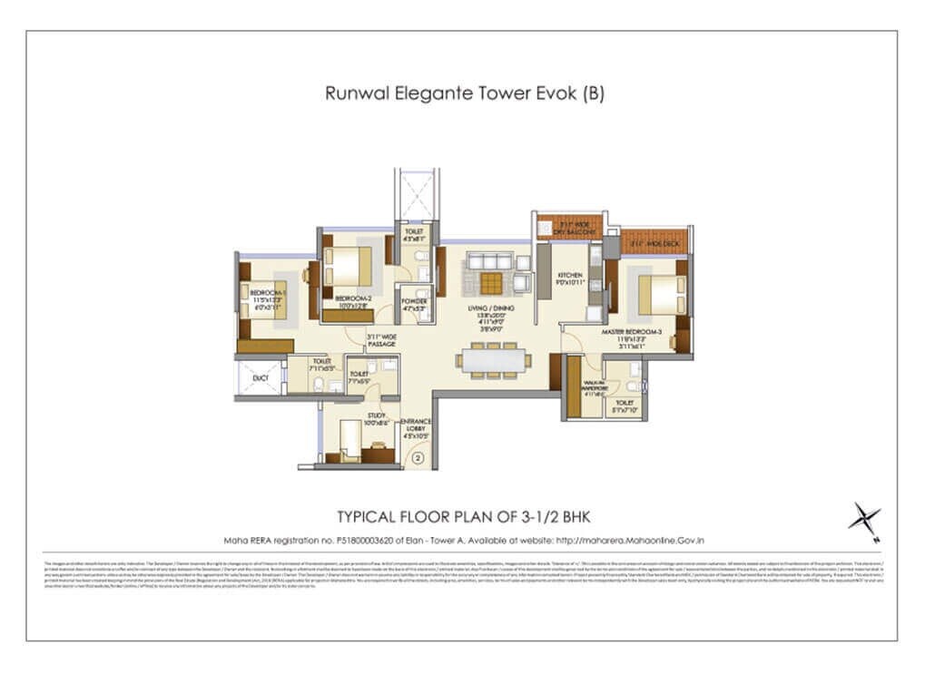 Floor plan of 3 BHK 1454 Sq. Ft. Apartment in Runwal Elegante, Mumbai