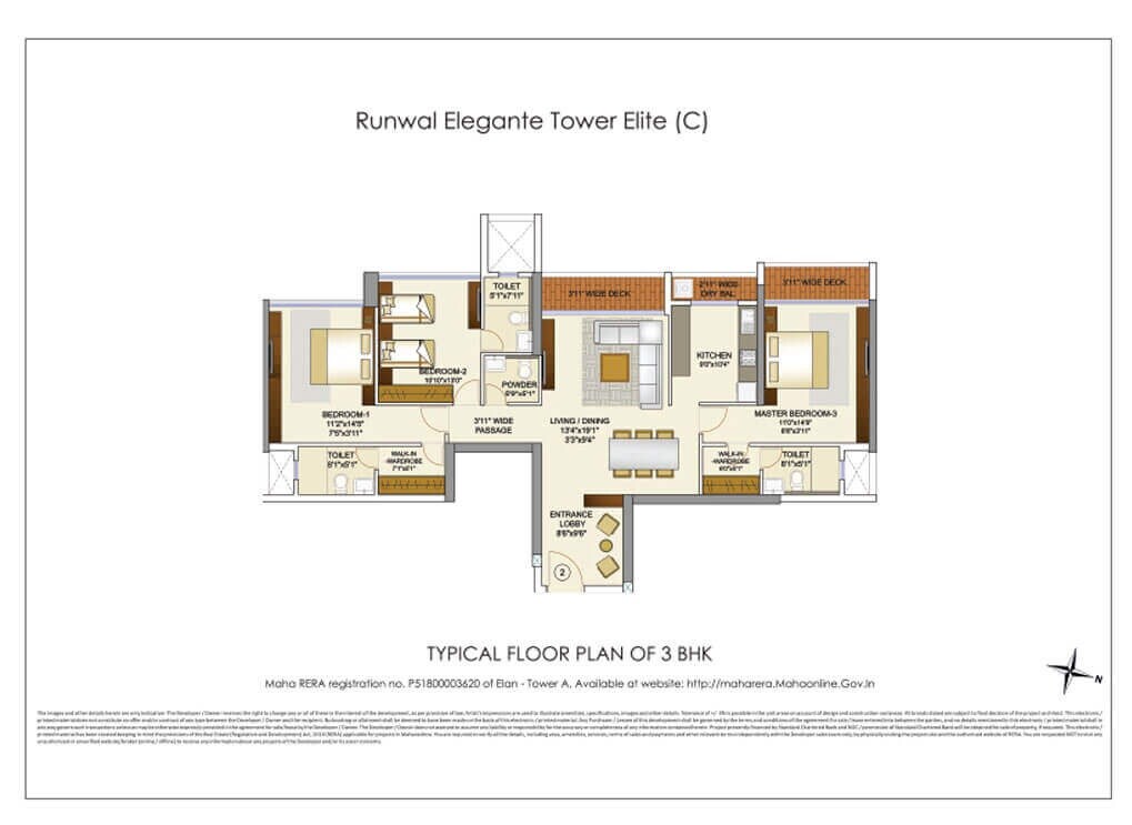 Floor plan of 3 BHK 1360 Sq. Ft. Apartment in Runwal Elegante, Mumbai