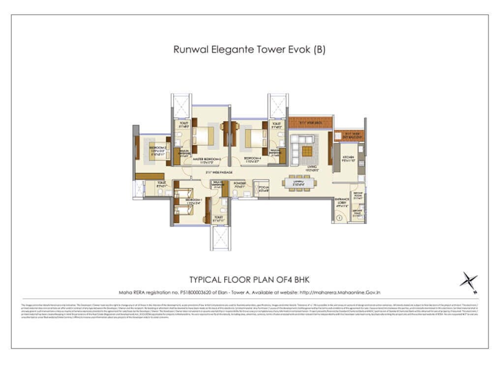 Floor plan of 4 BHK 1730 Sq. Ft. Apartment in Runwal Elegante, Mumbai