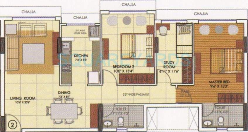 Floor plan of 2 BHK 942 Sq. Ft. Apartment in Runwal Elina, Mumbai