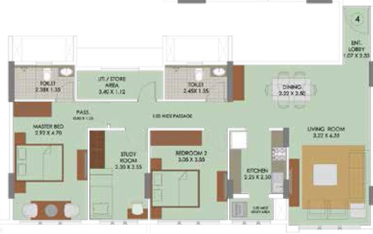 Floor plan of 3 BHK 1057 Sq. Ft. Apartment in Runwal Elina, Mumbai