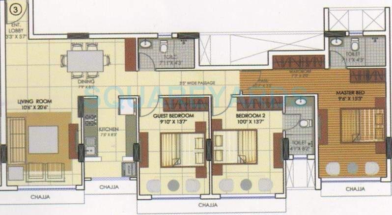 Floor plan of 3 BHK 1020 Sq. Ft. Apartment in Runwal Elina, Mumbai