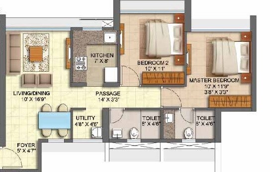 Floor plan of 2 BHK 620 Sq. Ft. Apartment in Runwal Forest Orchid, Mumbai