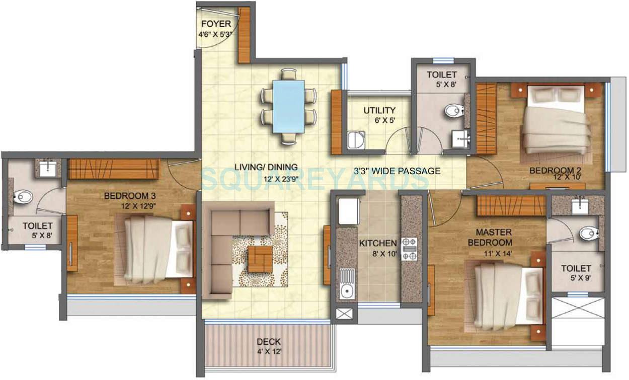 3 BHK 985 Sq. Ft. Apartment