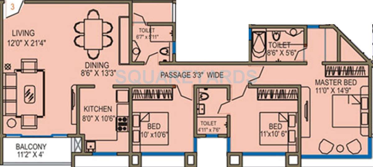 Floor plan of 3 BHK 1665 Sq. Ft. Apartment in Runwal Grand, Mumbai