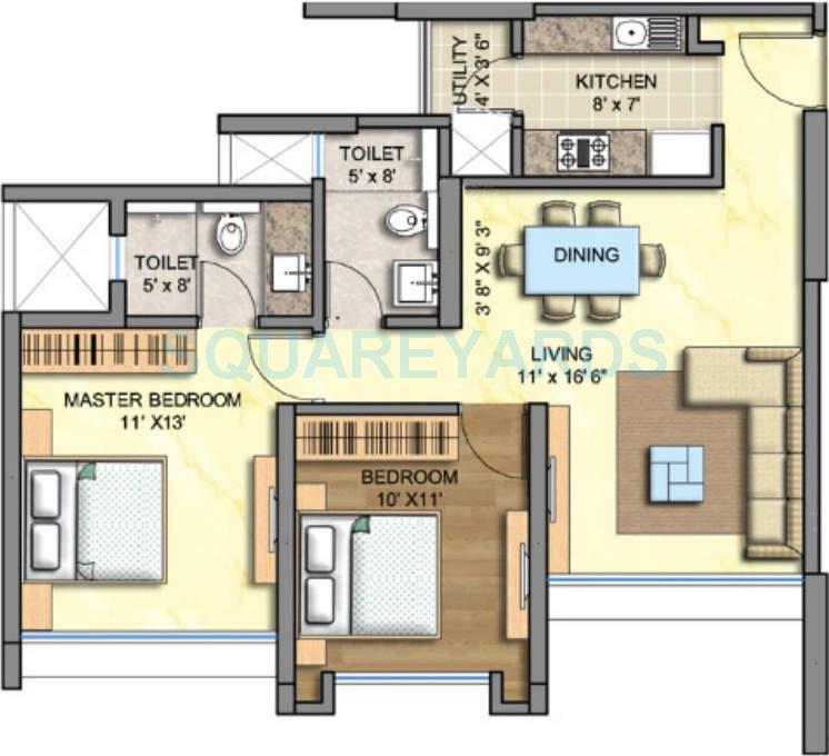 Floor plan of 2 BHK Apartment - 732 sq. ft. in Runwal Greens, Mumbai