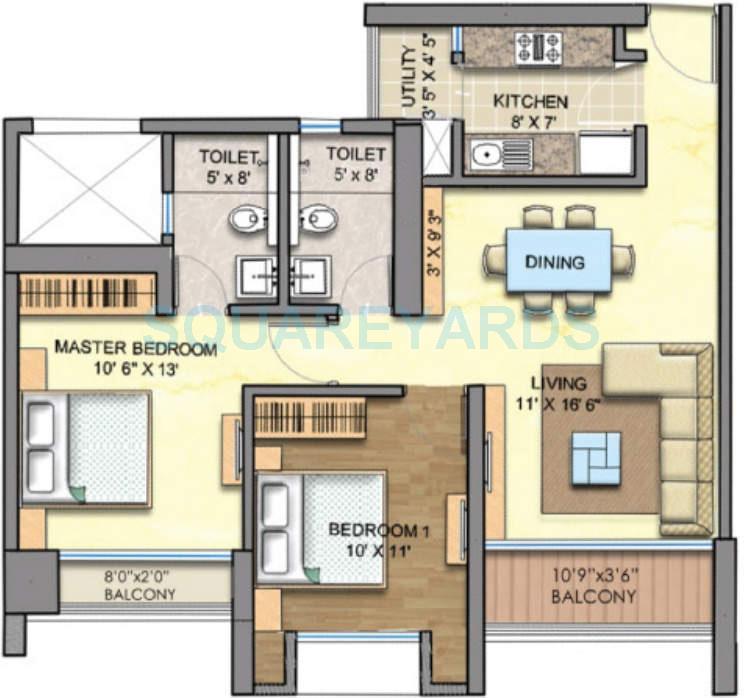Floor plan of 2 BHK Apartment - 689 sq. ft. in Runwal Greens, Mumbai