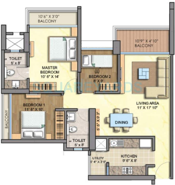 Floor plan of 3 BHK Apartment - 1052 sq. ft. in Runwal Greens, Mumbai