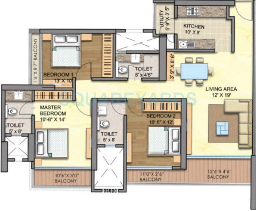 Floor plan of 3 BHK Apartment - 1466 sq. ft. in Runwal Greens, Mumbai