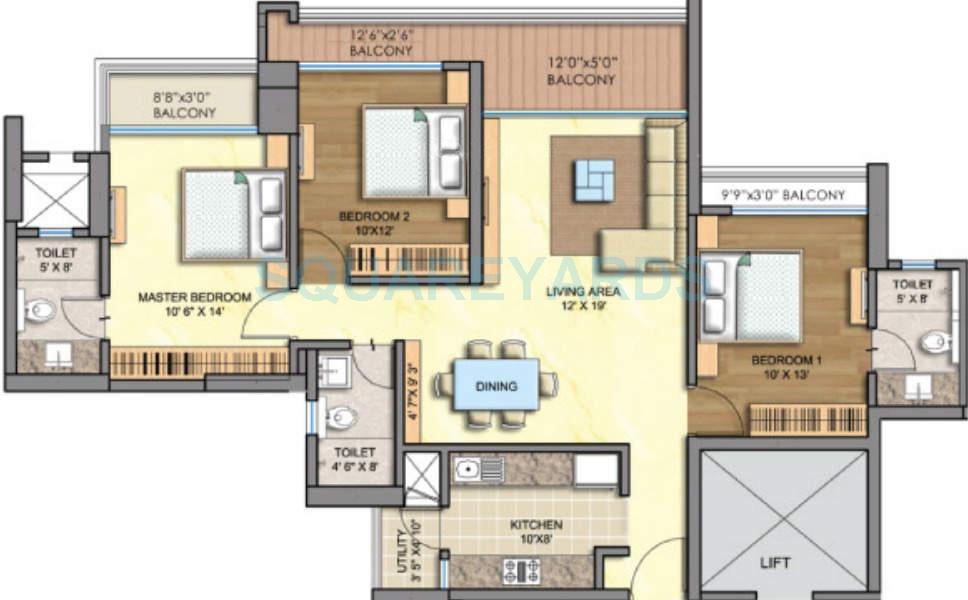 Floor plan of 3 BHK Apartment - 1214 sq. ft. in Runwal Greens, Mumbai