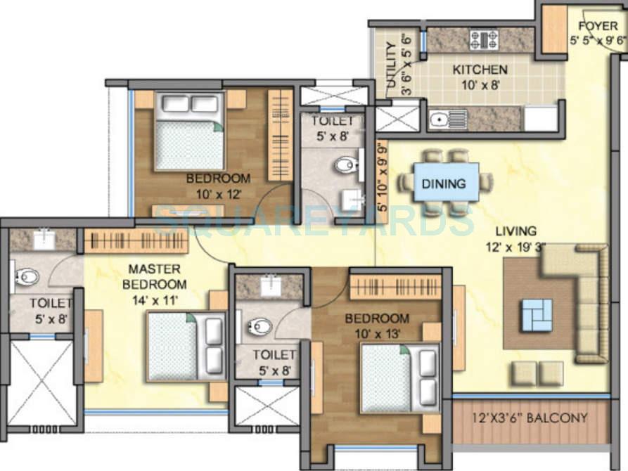 Floor plan of 3 BHK Apartment - 1382 sq. ft. in Runwal Greens, Mumbai