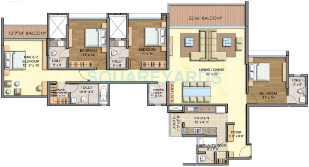 Floor plan of 4 BHK Apartment - 1650 sq. ft. in Runwal Greens, Mumbai