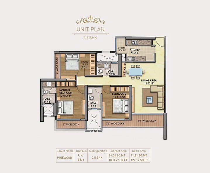 Floor plan of 3 BHK 1160 Sq. Ft. Apartment in Runwal Greens Pinewood, Mumbai