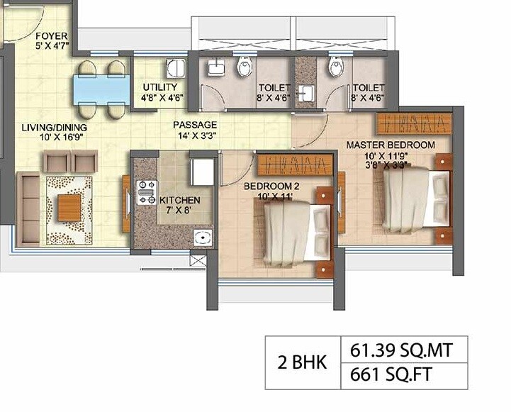 Floor plan of 2 BHK 661 Sq. Ft. Apartment in Runwal Hazel, Mumbai