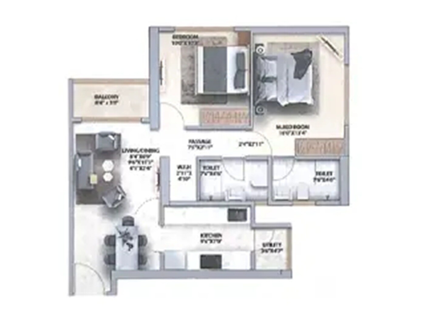 Floor plan of 2 BHK 725 Sq. Ft. Apartment in Runwal Meadows, Mumbai