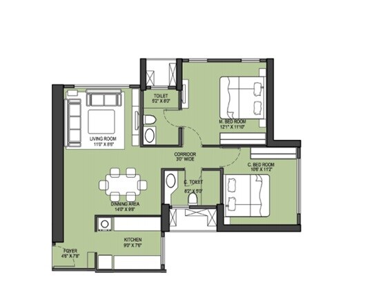 Floor plan of 2 BHK 708 Sq. Ft. Apartment in Runwal Nirvana, Mumbai