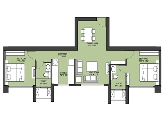 Floor plan of 2 BHK 758 Sq. Ft. Apartment in Runwal Nirvana, Mumbai