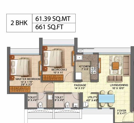 Floor plan of 2 BHK 661 Sq. Ft. Apartment in Runwal Oak, Mumbai