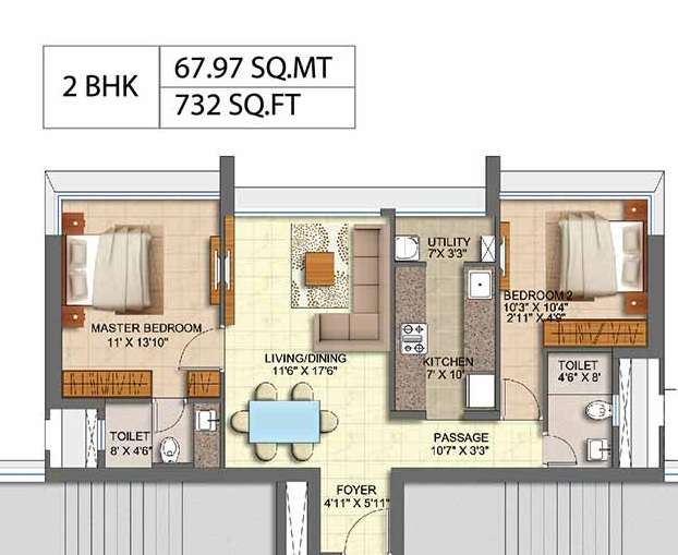 2 BHK 732 Sq. Ft. Apartment in Runwal Oak