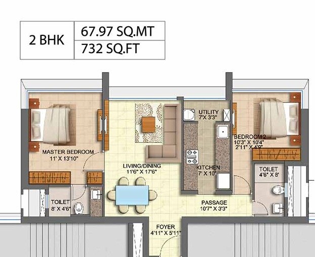 Floor plan of 2 BHK 732 Sq. Ft. Apartment in Runwal Oak, Mumbai