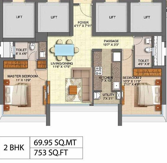Floor plan of 2 BHK 753 Sq. Ft. Apartment in Runwal Oak, Mumbai