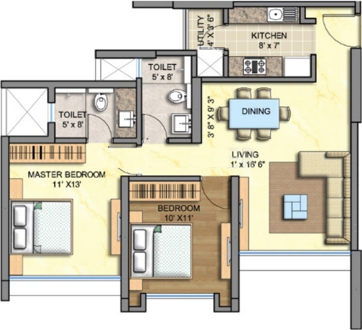 Floor plan of 2 BHK 1100 Sq. Ft. Apartment in Runwal Oakwood, Mumbai