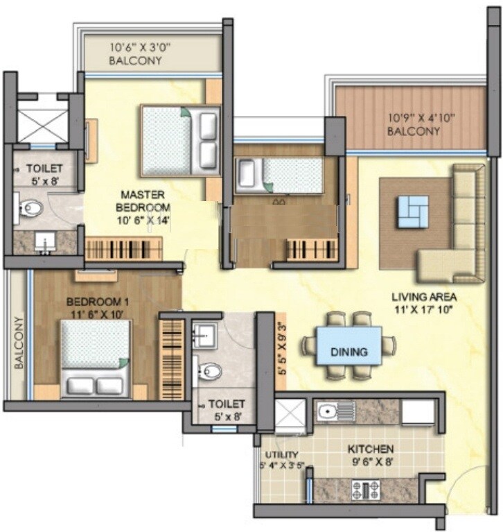 Floor plan of 3 BHK 1690 Sq. Ft. Apartment in Runwal Oakwood, Mumbai
