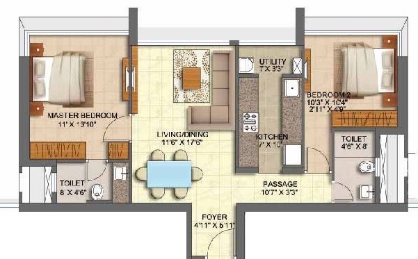 Floor plan of 2 BHK 620 Sq. Ft. Apartment in Runwal Orchid, Mumbai