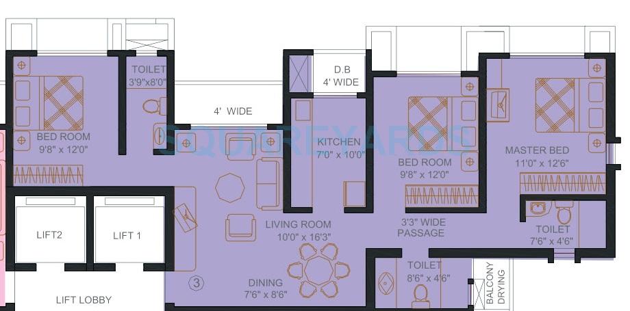 Floor plan of 3 BHK 1500 Sq. Ft. Apartment in Runwal Pride, Mumbai
