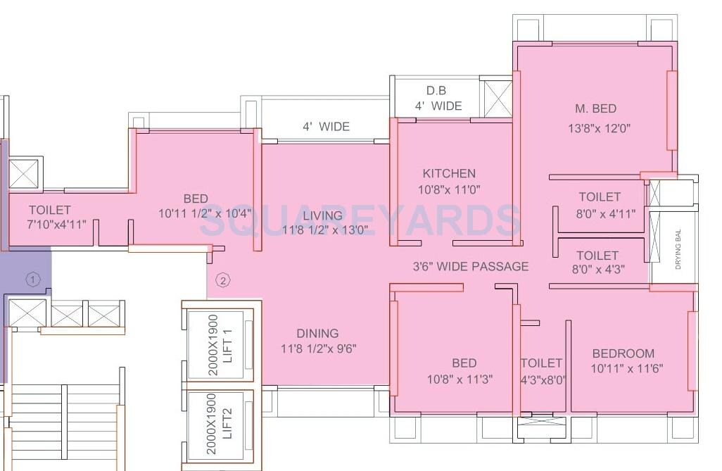 Floor plan of 4 BHK 1300 Sq. Ft. Apartment in Runwal Pride, Mumbai