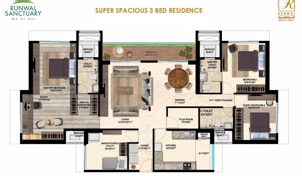 Floor plan of 3 BHK 1034 Sq. Ft. Apartment in Runwal Sanctuary, Mumbai