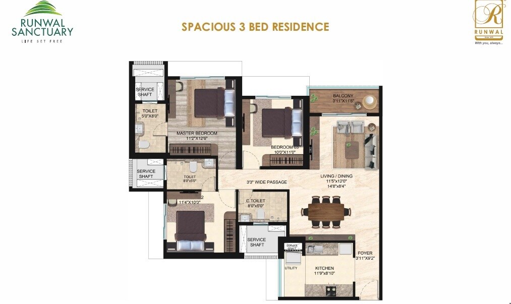 Floor plan of 3 BHK 830 Sq. Ft. Apartment in Runwal Sanctuary, Mumbai