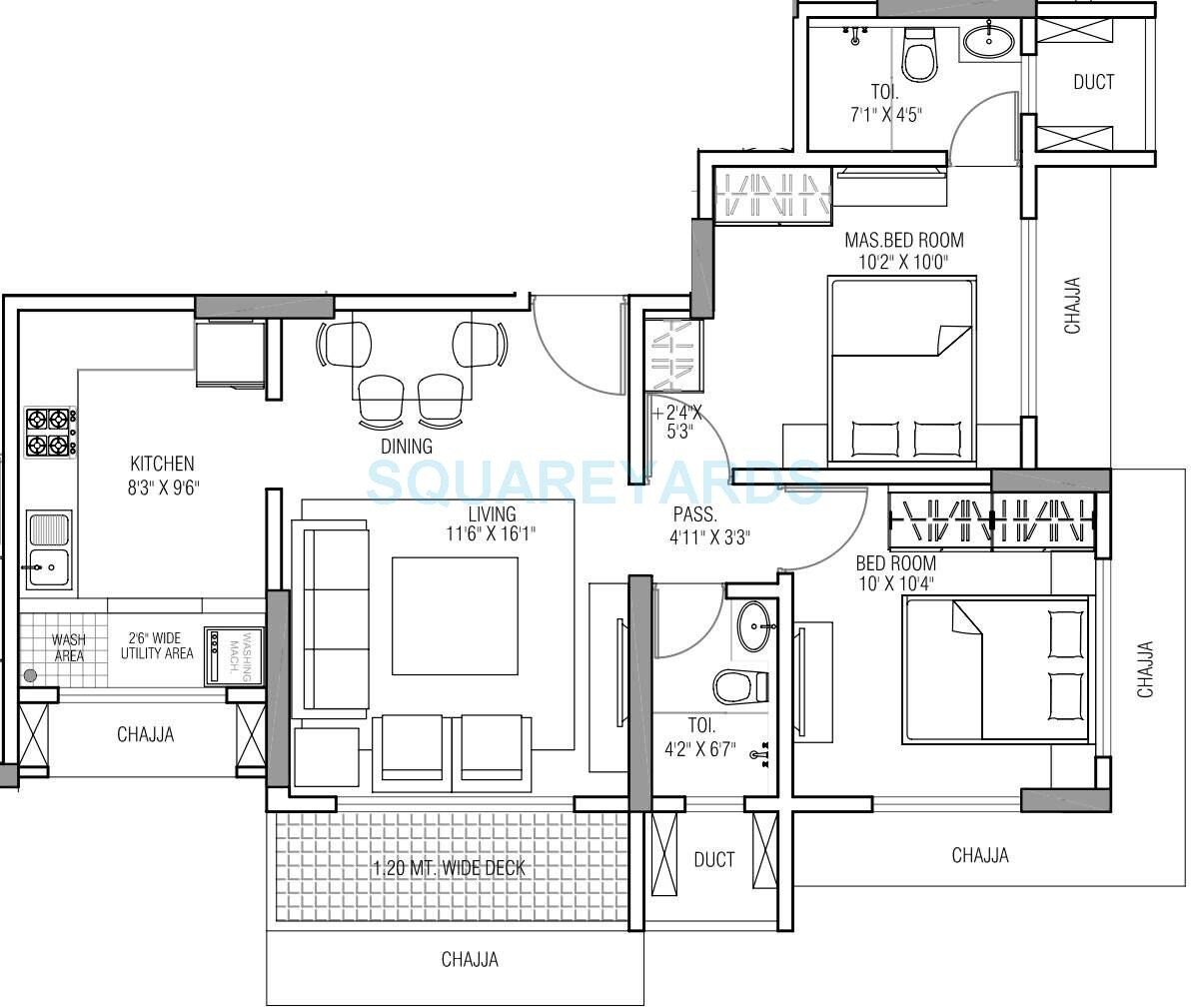 Floor plan of 2 BHK 614 Sq. Ft. Apartment in Runwal Serene, Mumbai