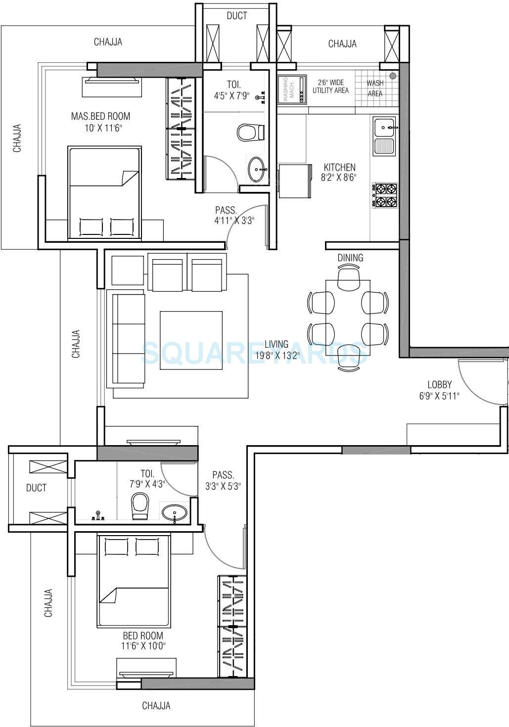 Floor plan of 2 BHK 778 Sq. Ft. Apartment in Runwal Serene, Mumbai